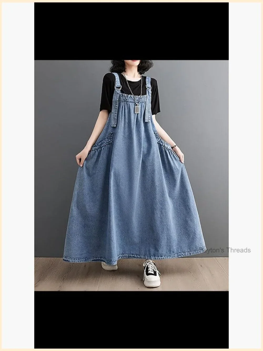 Womens Denim Jumper Dress Loose Baggy Maxi Adjustable Strap Wide Hem Oversize - Picture 7 of 7